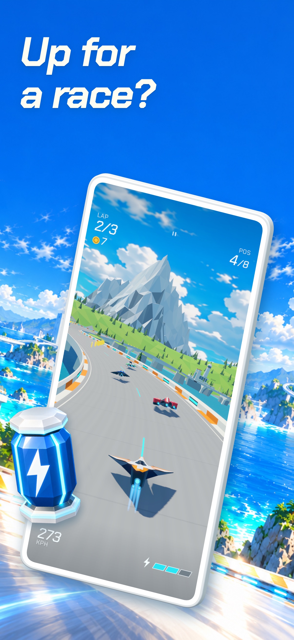 Up for a race? An antigravity ship speeds past rivals toward a snowy mountain in Arcada on iPhone.