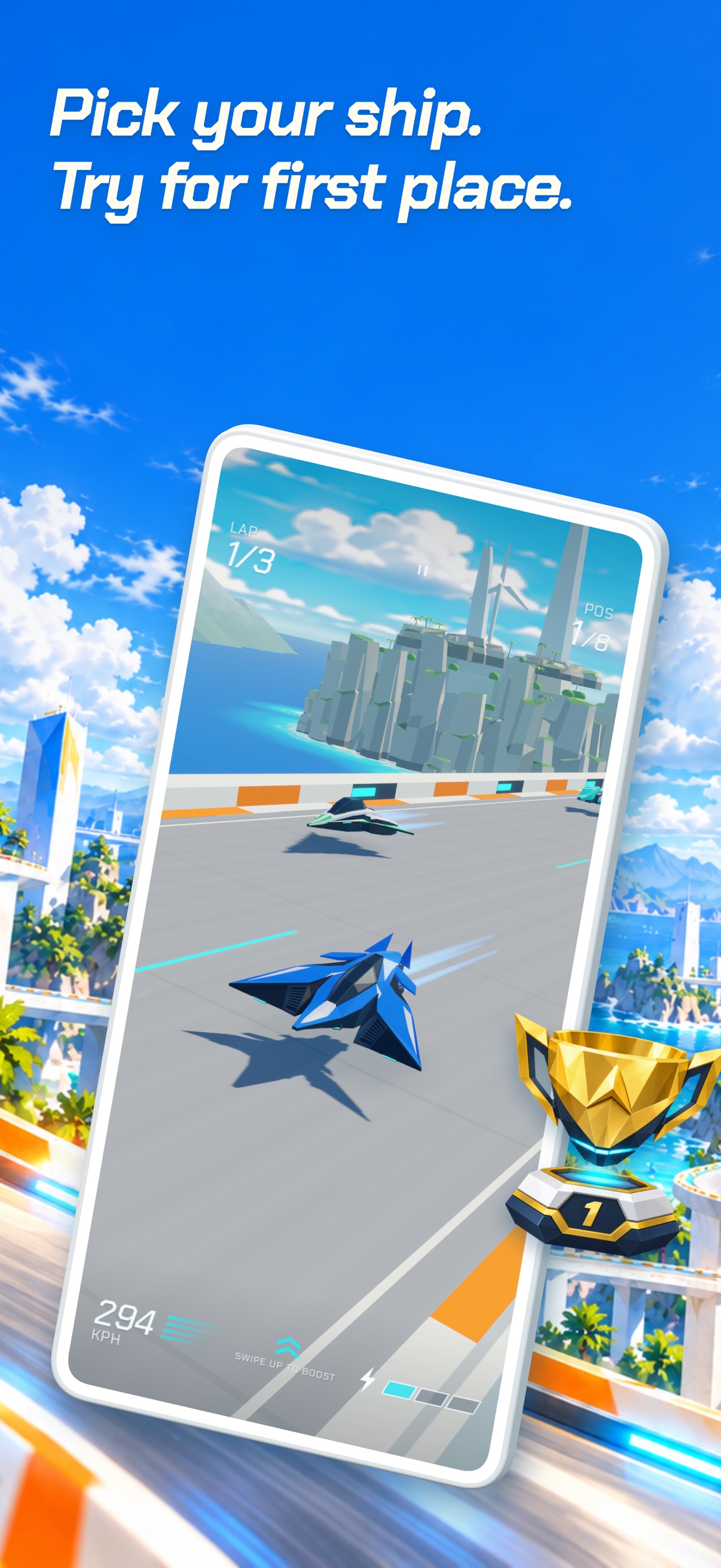 Pick your ship. Try for first place. A blue ship races past a white city in Arcada on iPhone.