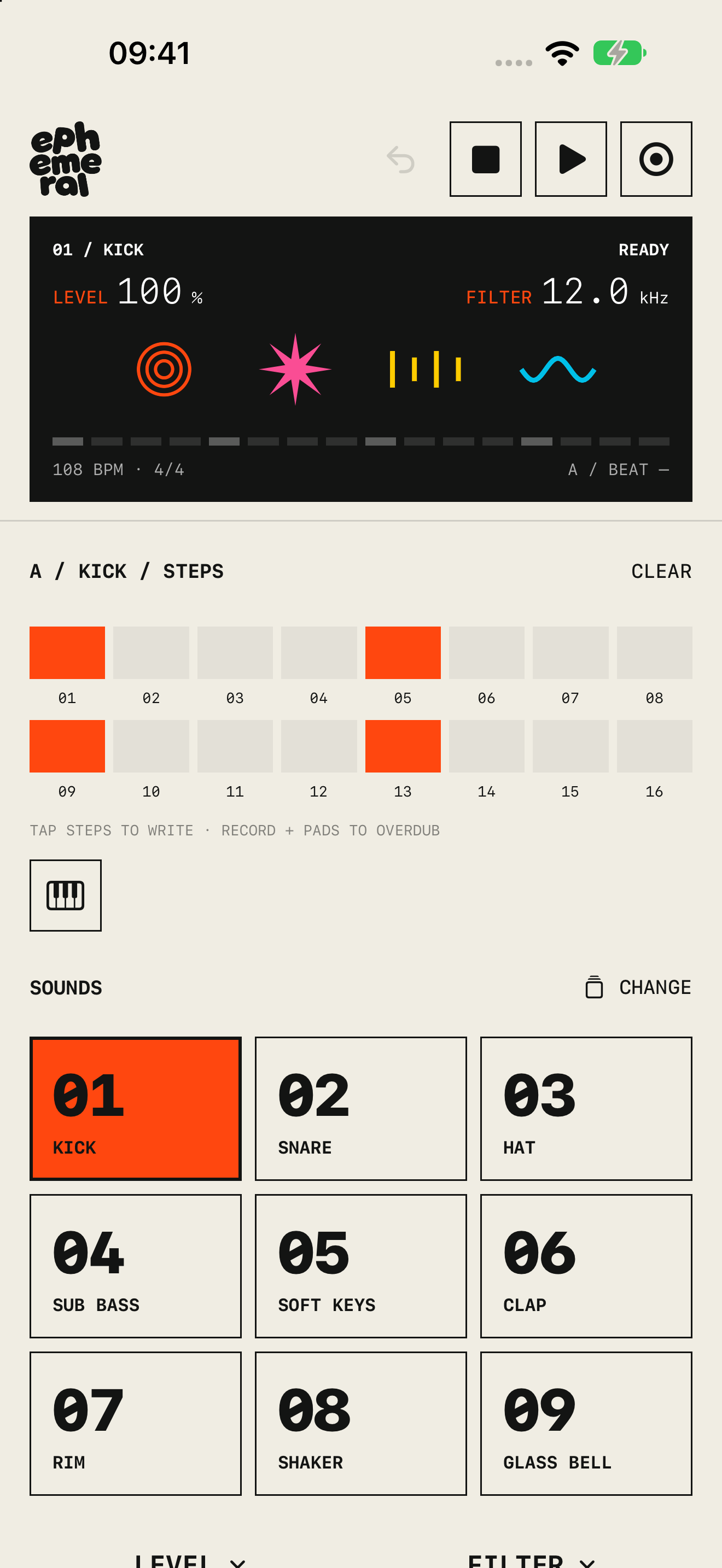 Ephemeral showing a sixteen-step beat sequencer and nine sound pads.