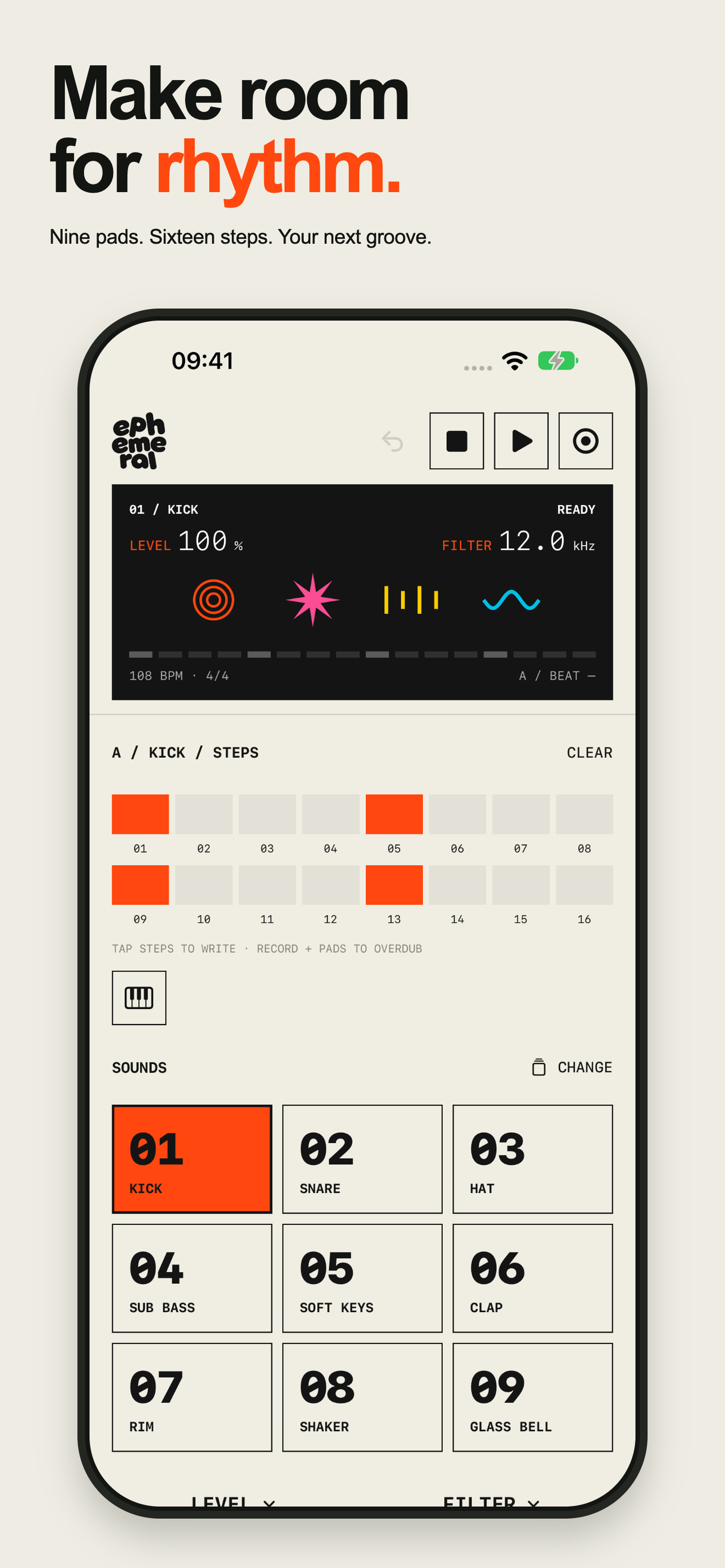Make room for rhythm. Nine pads. Sixteen steps. Your next groove. Ephemeral's beat screen on iPhone.