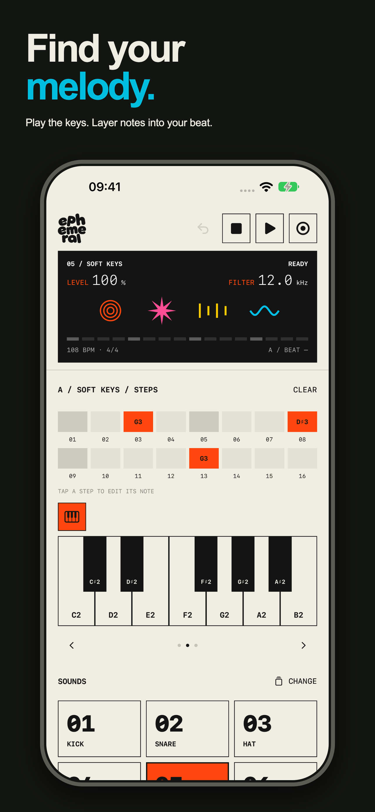 Find your melody. Play the keys. Layer notes into your beat. Ephemeral's keyboard screen on iPhone.