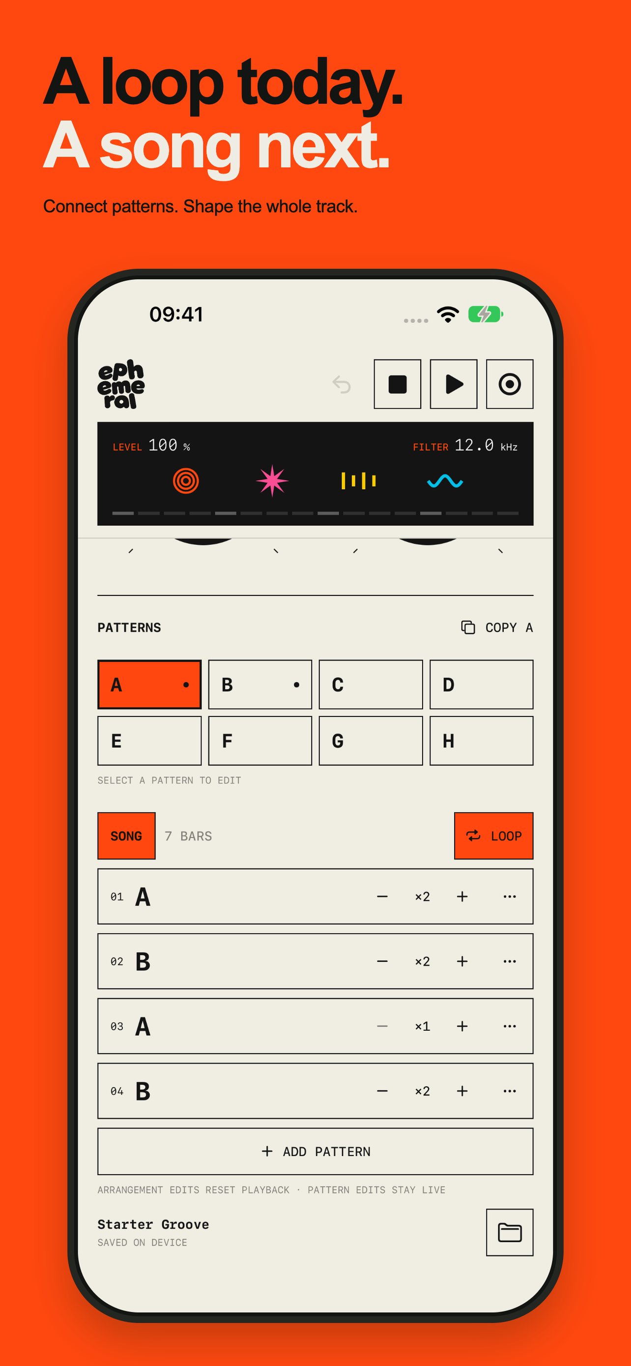 A loop today. A song next. Connect patterns. Shape the whole track. Ephemeral's song arrangement screen on iPhone.