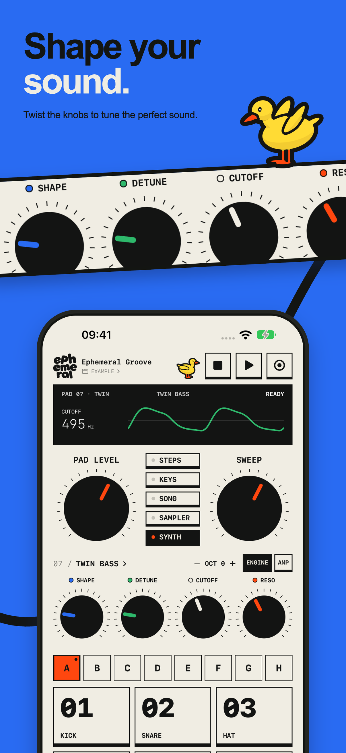 Shape your sound. Twist the knobs to tune the perfect sound. Ephemeral's Twin Synth screen on iPhone.