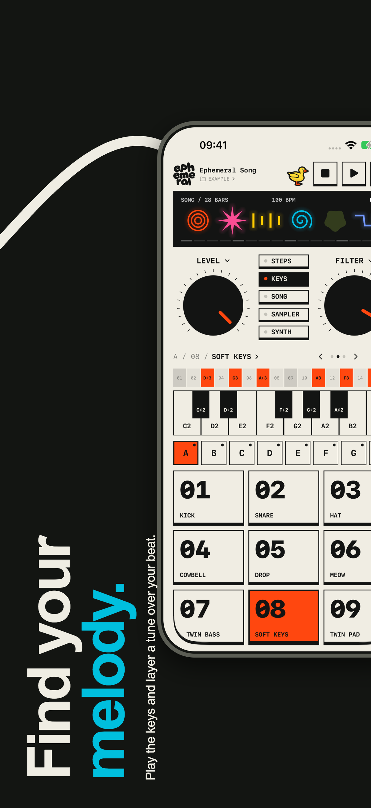Find your melody. Play the keys and layer a tune over your beat. Ephemeral's keyboard screen on iPhone.