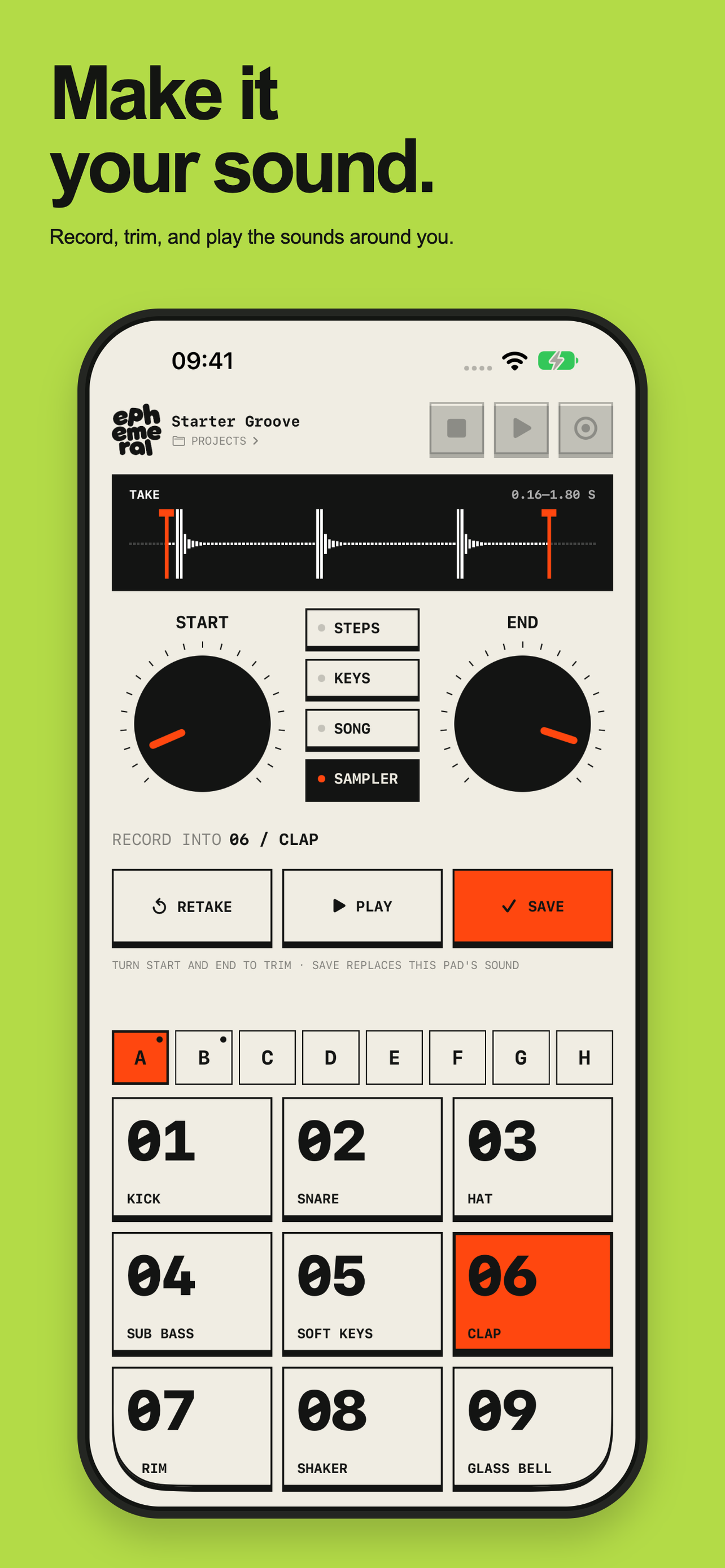 Make it your sound. Record, trim, and play the sounds around you. Ephemeral's sampler screen on iPhone.
