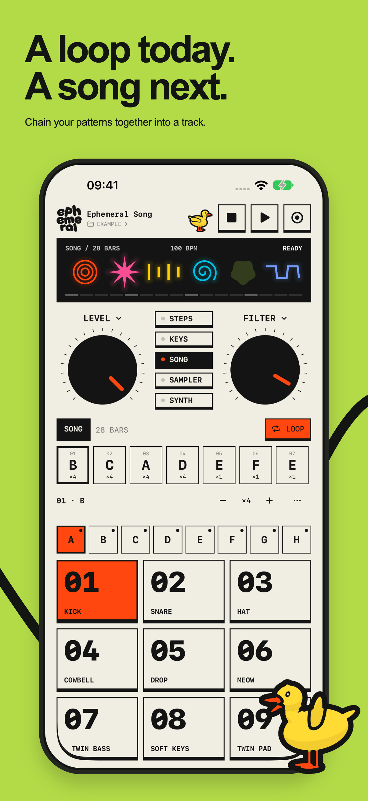 A loop today. A song next. Chain your patterns together into a track. Ephemeral's song arrangement screen on iPhone.