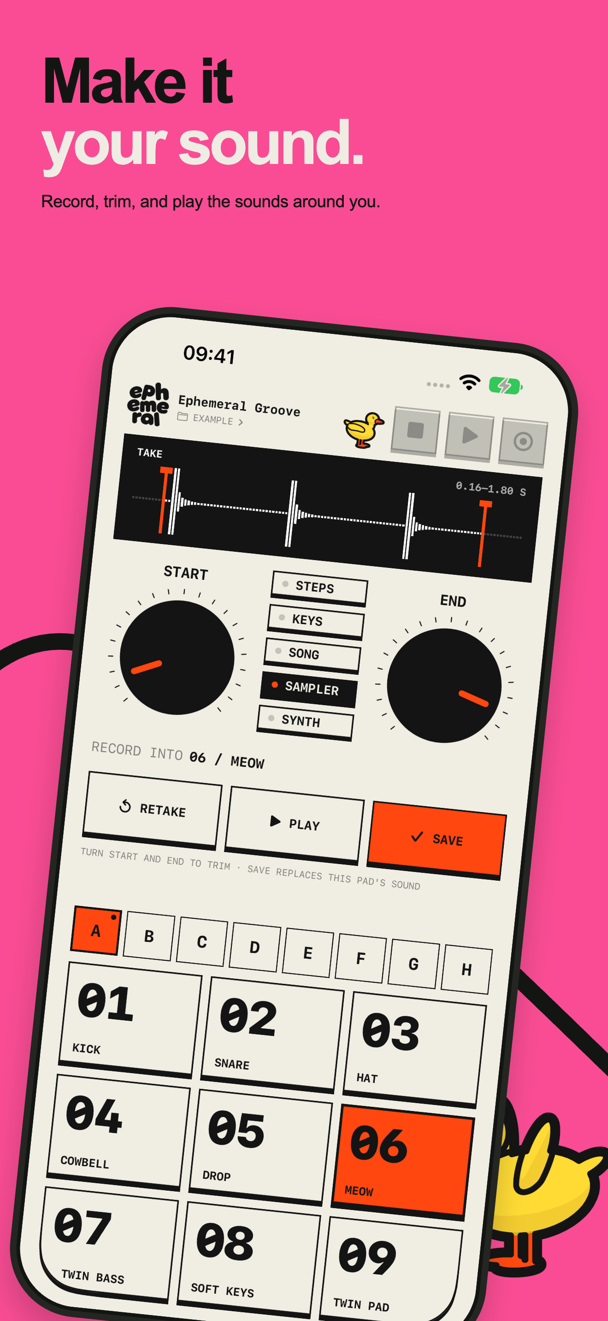 Make it your sound. Record, trim, and play the sounds around you. Ephemeral's sampler screen on iPhone.